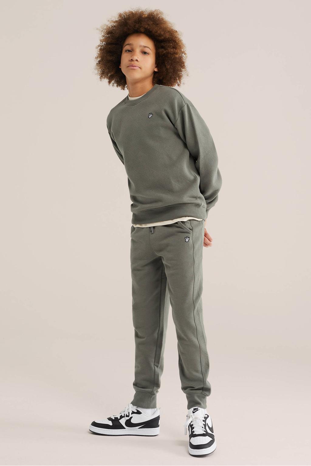 Grijsgroene jongens WE Fashion joggingbroek groen van sweat materiaal met elastische tailleband met koord en effen