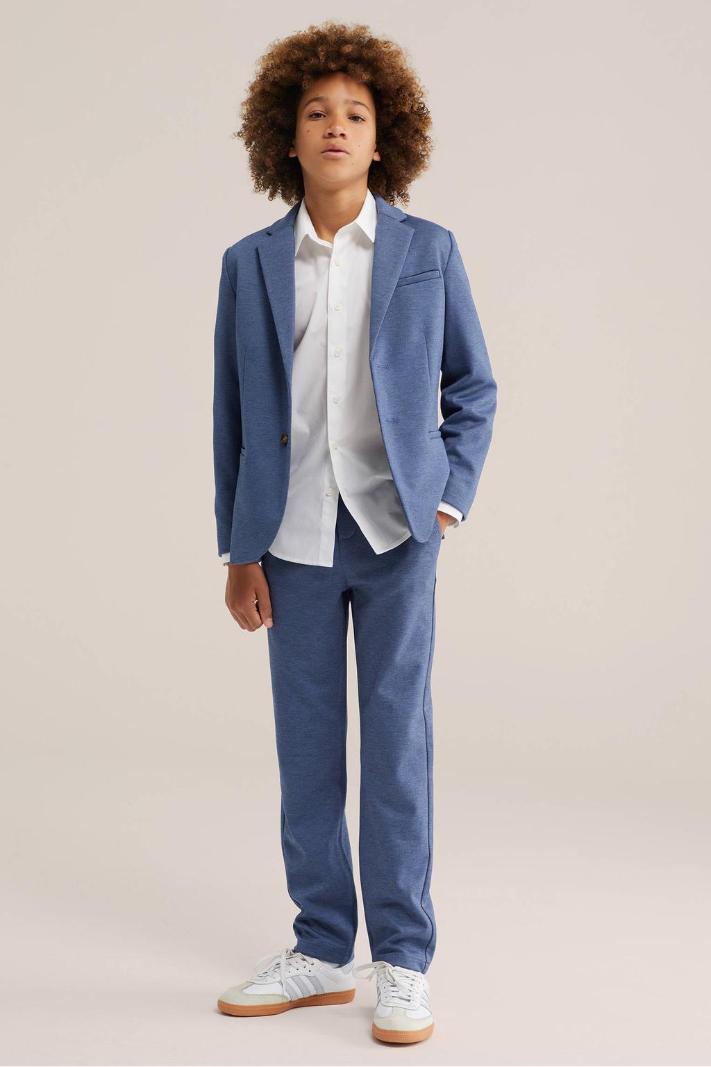 Blauwe jongens WE Fashion tapered casual broek van polyester met elastische tailleband met koord en effen