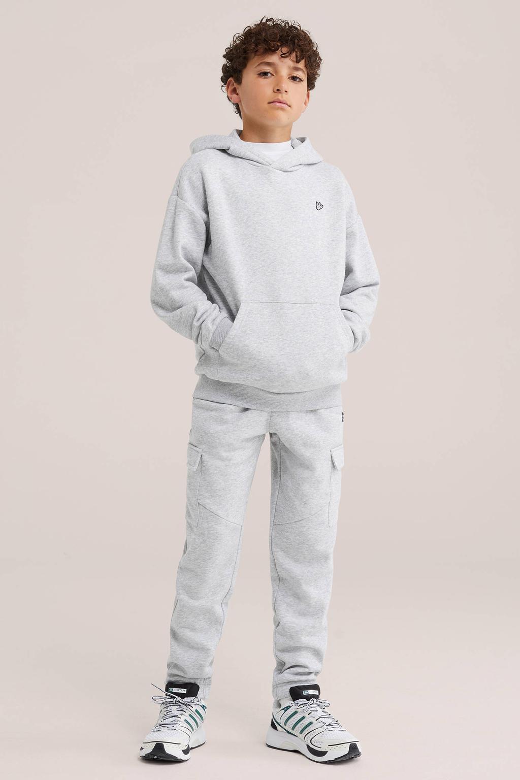 Grijze jongens WE Fashion sweat cargobroek met elastische tailleband met koord en effen