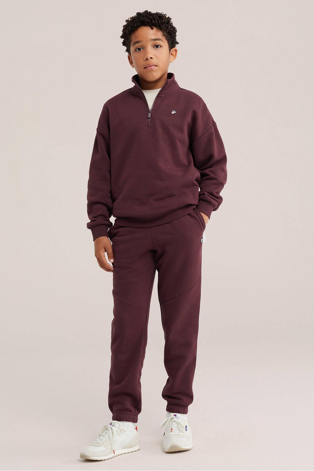 Donkerrode jongens WE Fashion sweat tapered joggingbroek met elastische tailleband met koord en effen