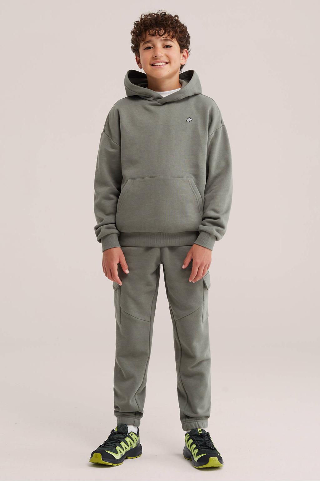 Kakikleurige jongens WE Fashion sweat hoodie khaki met effen, lange mouwen en capuchon
