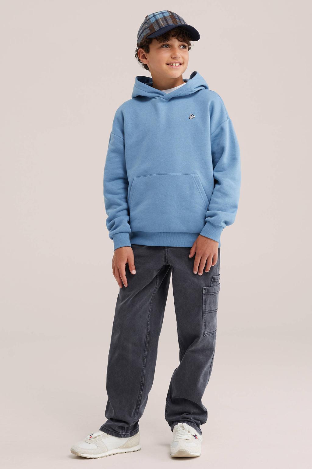 Blauwe jongens WE Fashion hoodie van sweat materiaal met effen, lange mouwen en capuchon