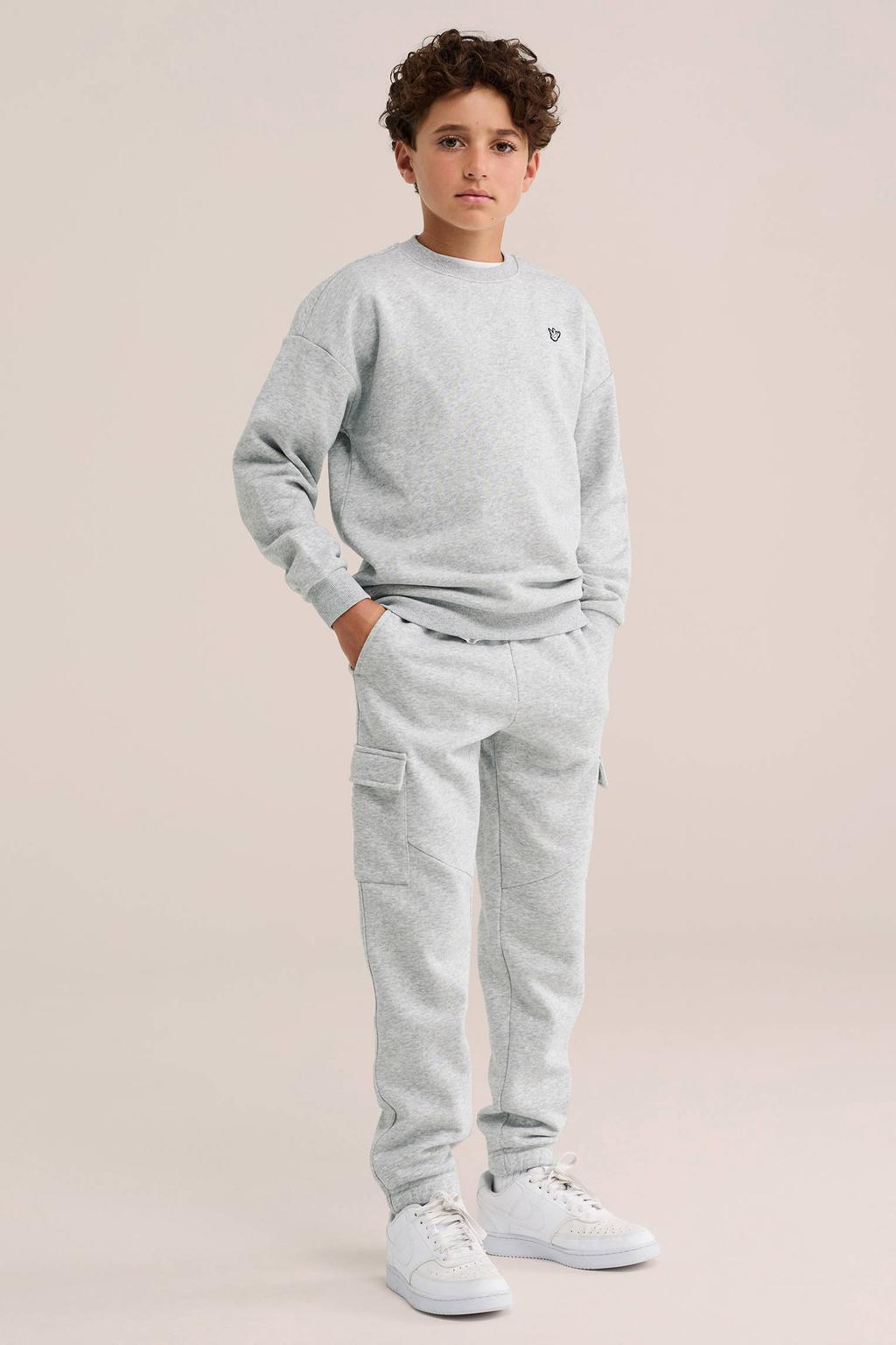Grijs melange jongens WE Fashion sweater met effen, lange mouwen en ronde hals