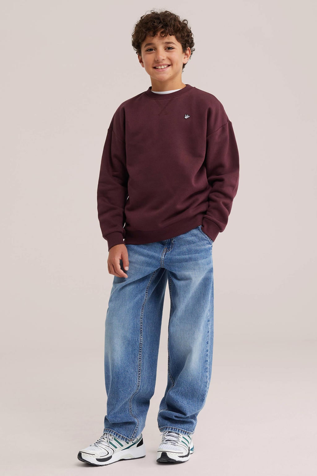 Donkerrode jongens WE Fashion sweater met effen, lange mouwen, ronde hals en geribde boorden