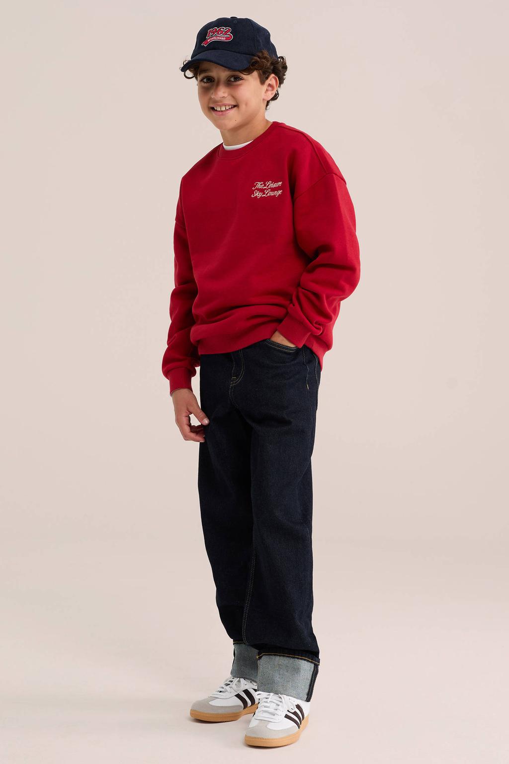 Rood en witte jongens WE Fashion sweater met backprint, lange mouwen en ronde hals