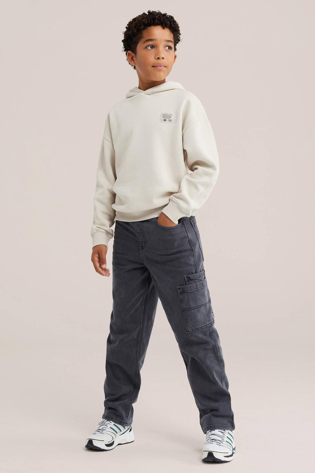 Antraciete jongens WE Fashion Blue Ridge casual broek van katoen met elastische tailleband met koord en effen