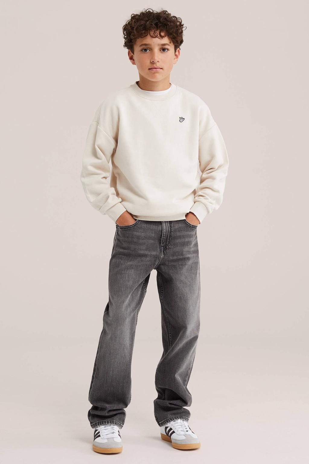 Beige jongens WE Fashion sweater met effen, lange mouwen en ronde hals