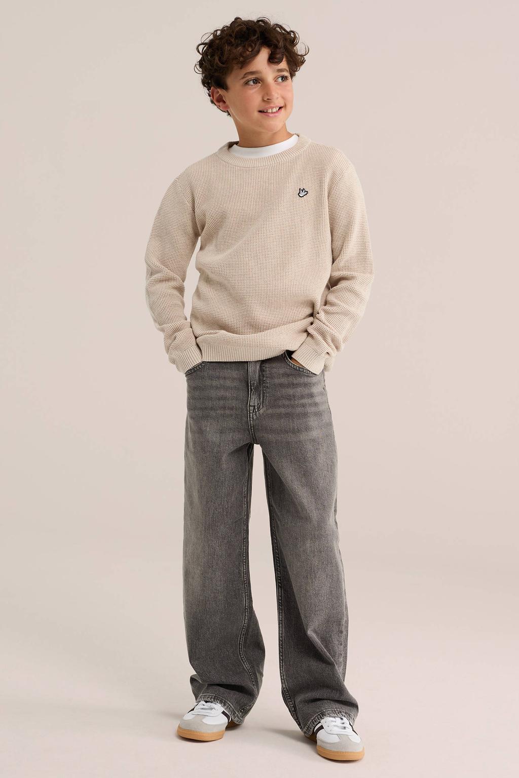 Beige jongens WE Fashion katoenen gebreide trui met lange mouwen en ronde hals
