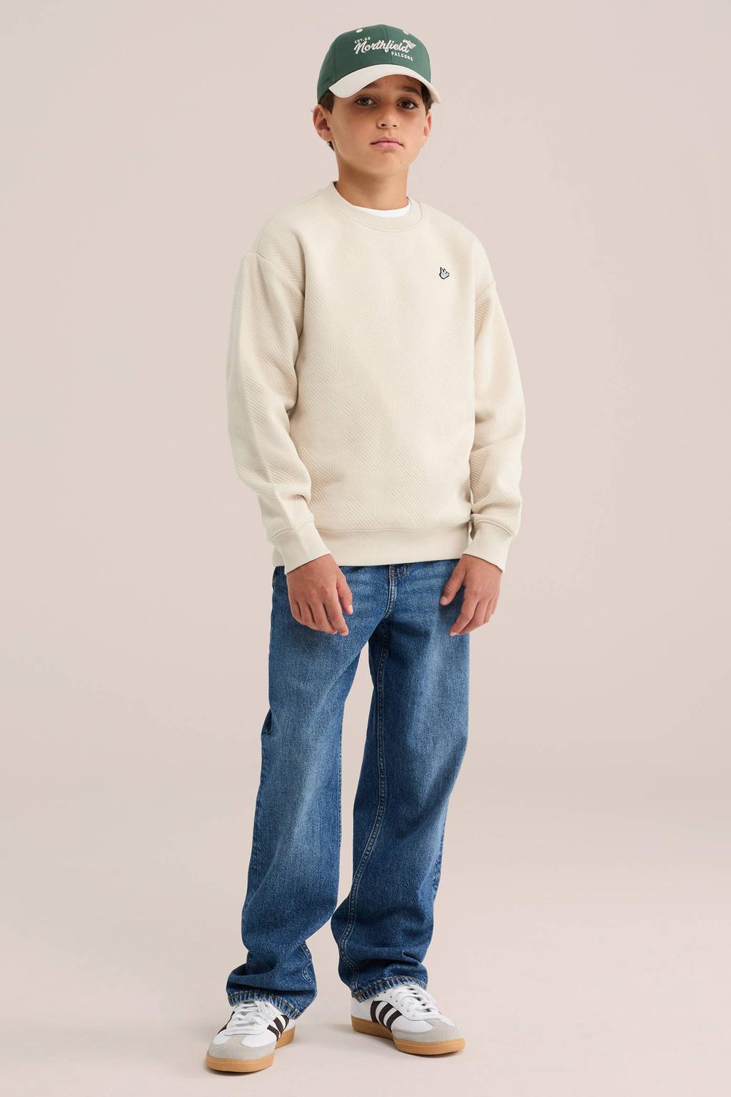 Beige jongens WE Fashion sweater met effen, lange mouwen, ronde hals en geribde boorden