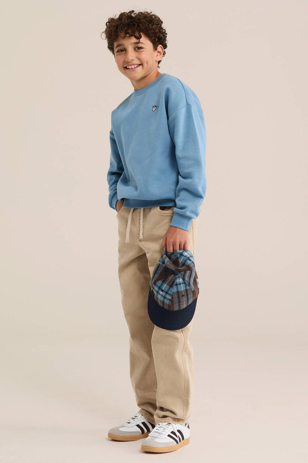 Lichtblauwe jongens WE Fashion sweater met effen, lange mouwen en ronde hals