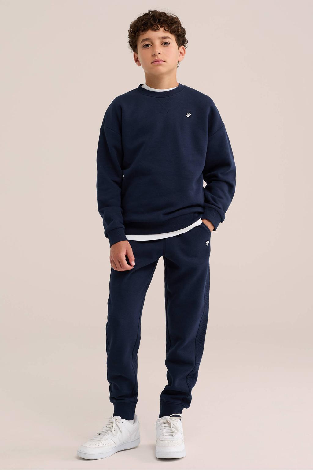 Donkerblauwe jongens WE Fashion sweater met effen, lange mouwen en ronde hals