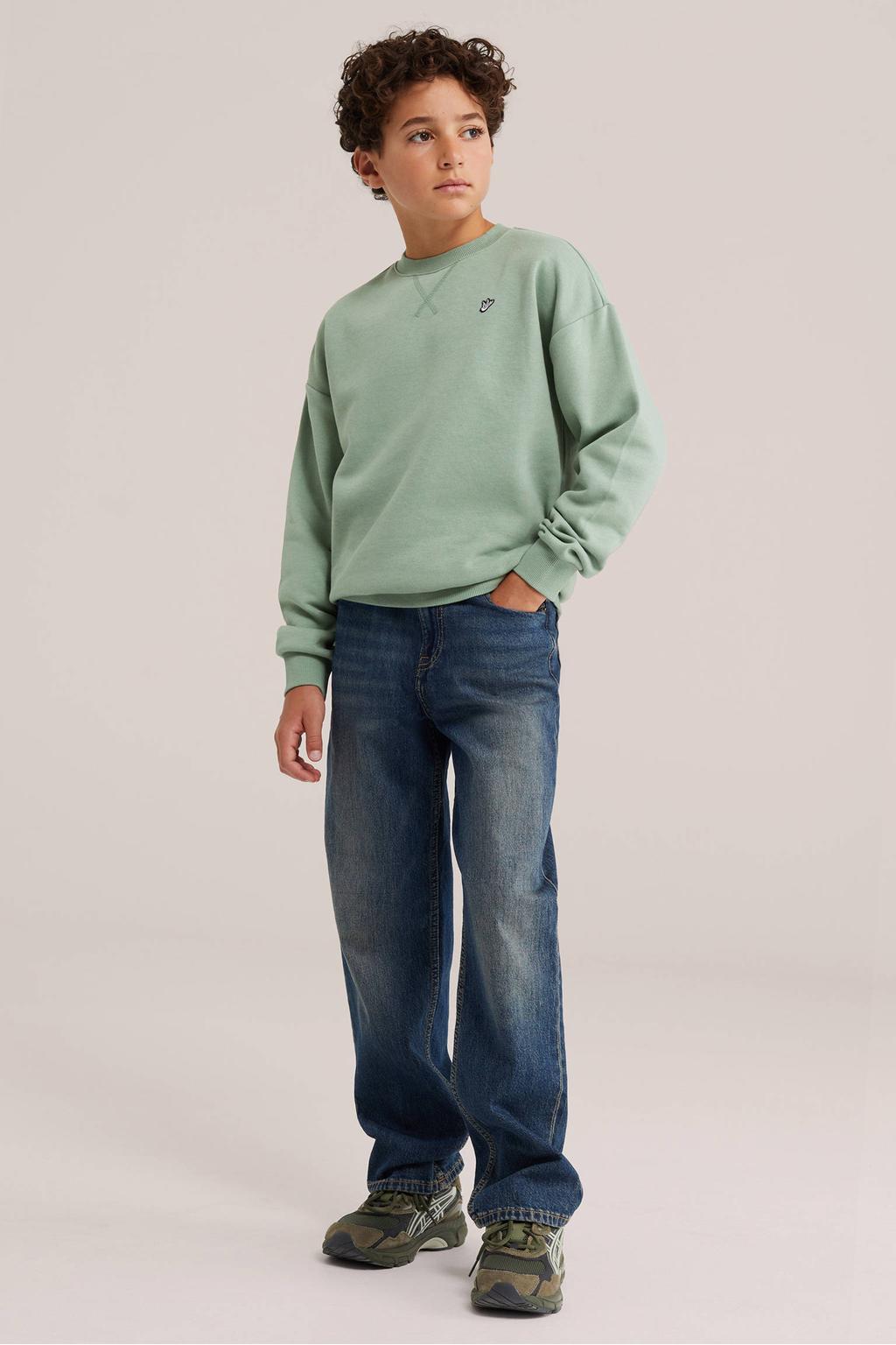 Lichtgroene jongens WE Fashion sweater met effen, lange mouwen, ronde hals en geribde boorden