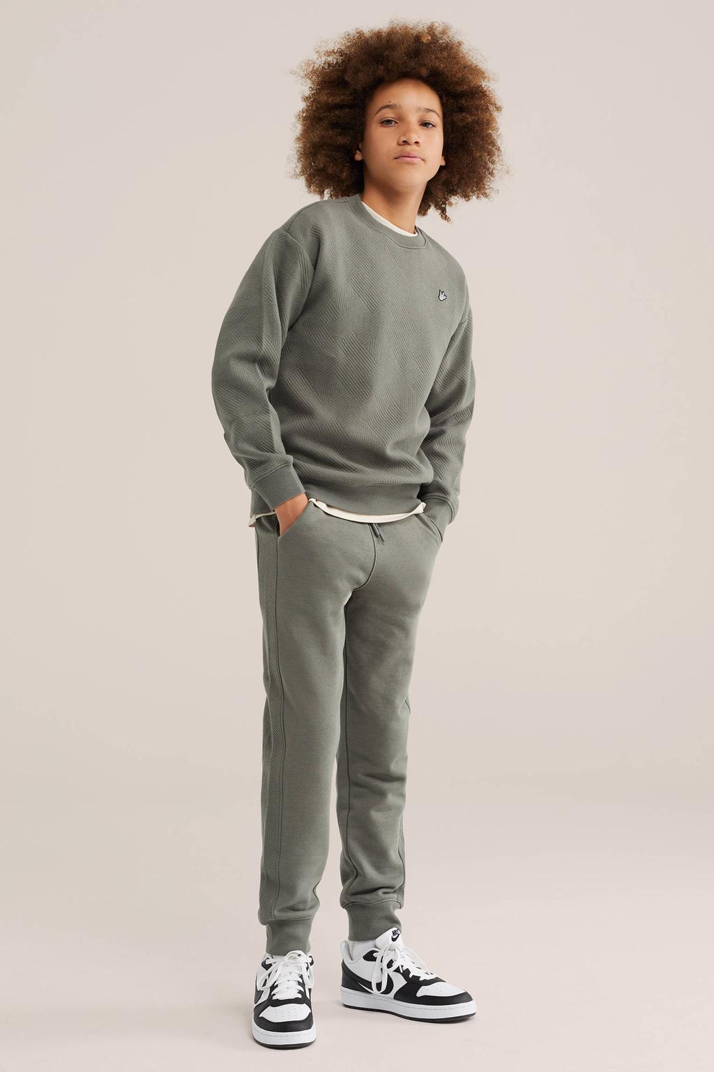 Grijsgroene jongens WE Fashion sweater groen met effen en lange mouwen