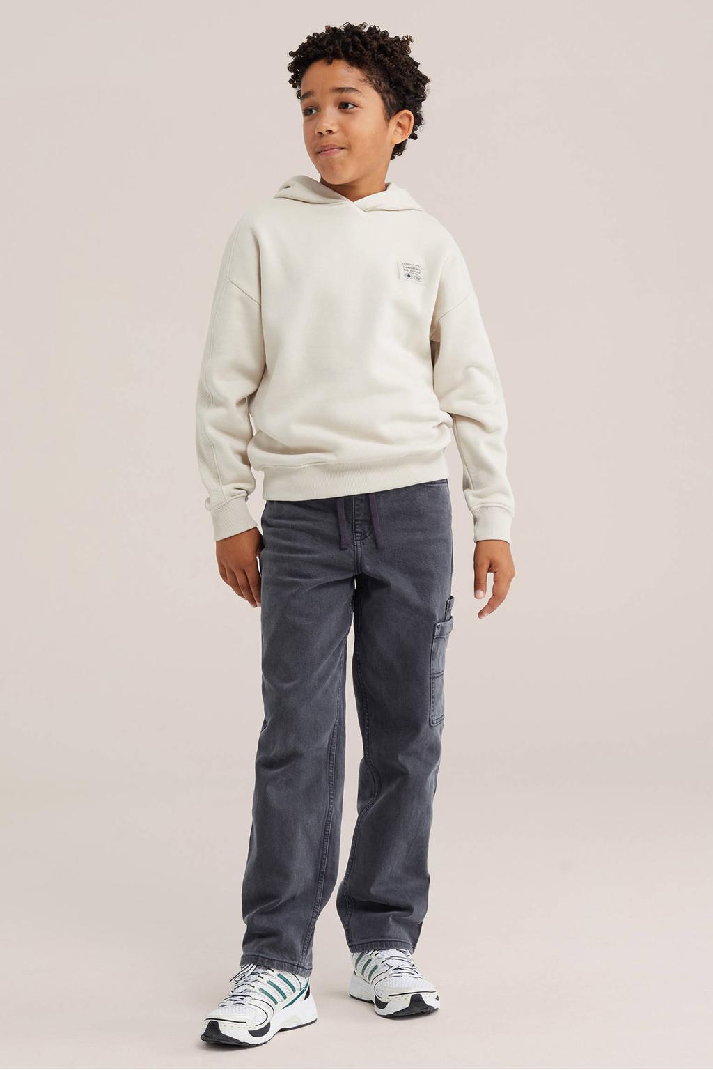 Ecru jongens WE Fashion hoodie van katoen met effen, lange mouwen en capuchon