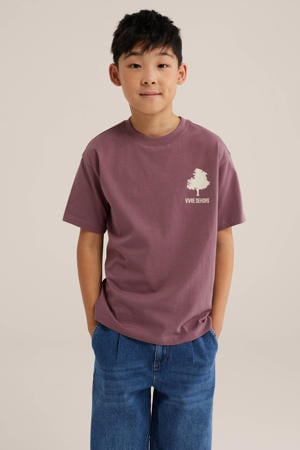 rechtvallend T-shirt met backprint - donkerpaars