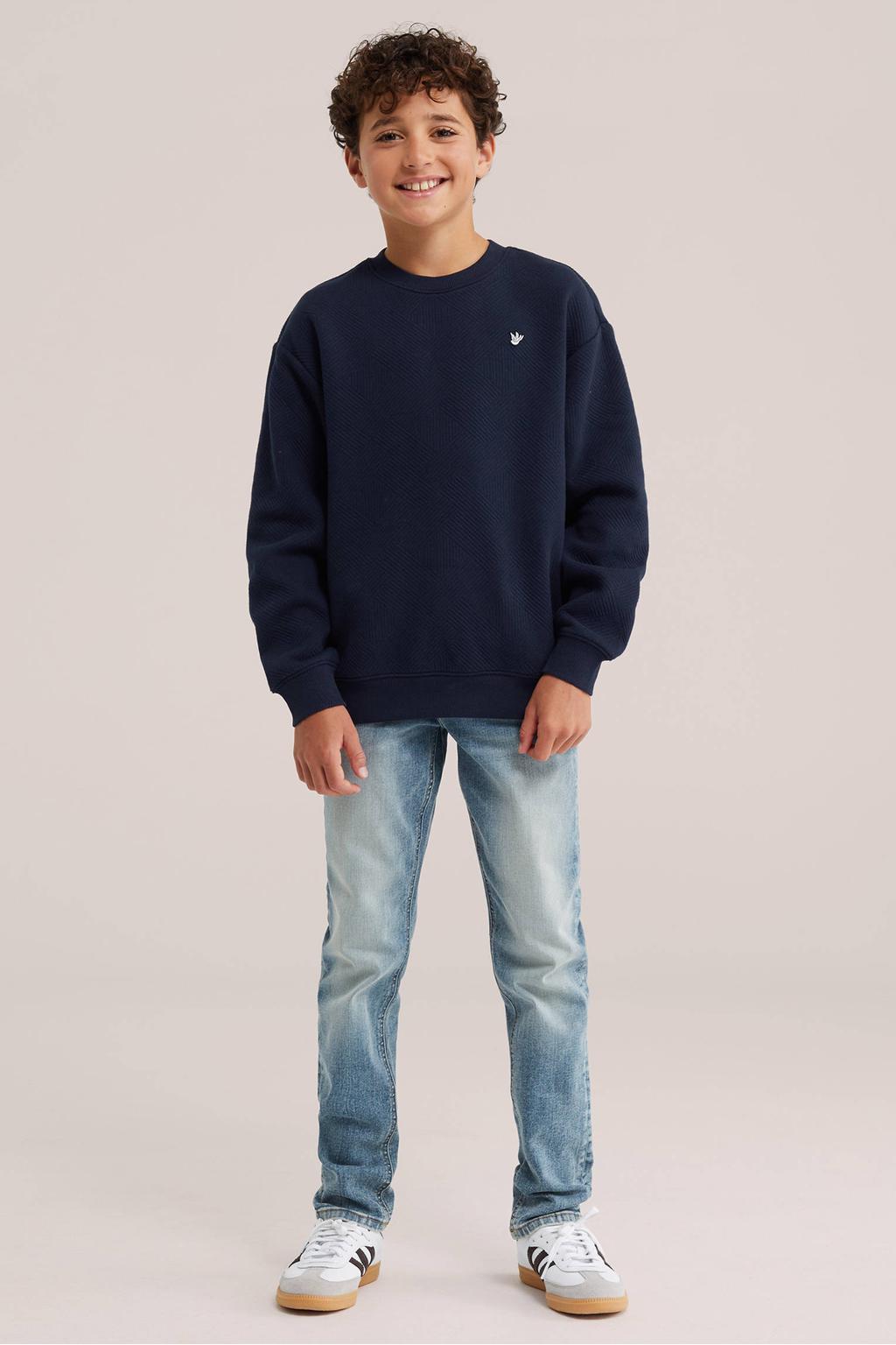 Medium blue denim jongens WE Fashion Blue Ridge slim fit jeans mediumblauw van denim met effen