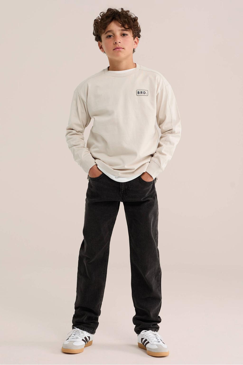 Beige jongens WE Fashion longsleeve van katoen met effen, lange mouwen, ronde hals en geribde boorden