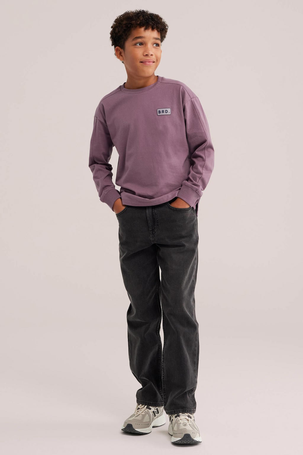 Paarse jongens WE Fashion longsleeve van katoen met effen, lange mouwen en ronde hals