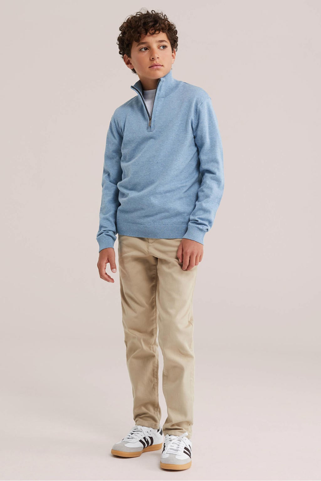 Blauwe jongens WE Fashion katoenen pullover met lange mouwen, opstaande kraag, halve rits en geribde boorden