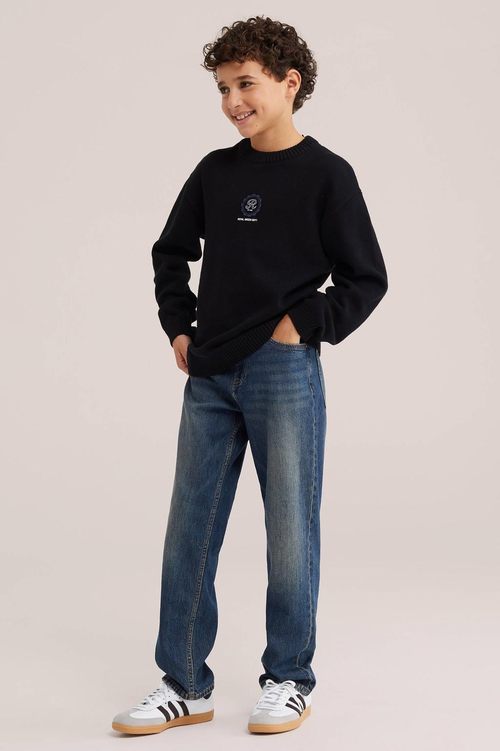 WE Fashion katoenen gebreide trui met backprint - zwart