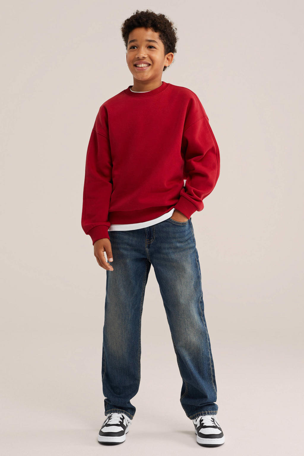 Rode jongens WE Fashion sweater met effen, lange mouwen, ronde hals en geribde boorden
