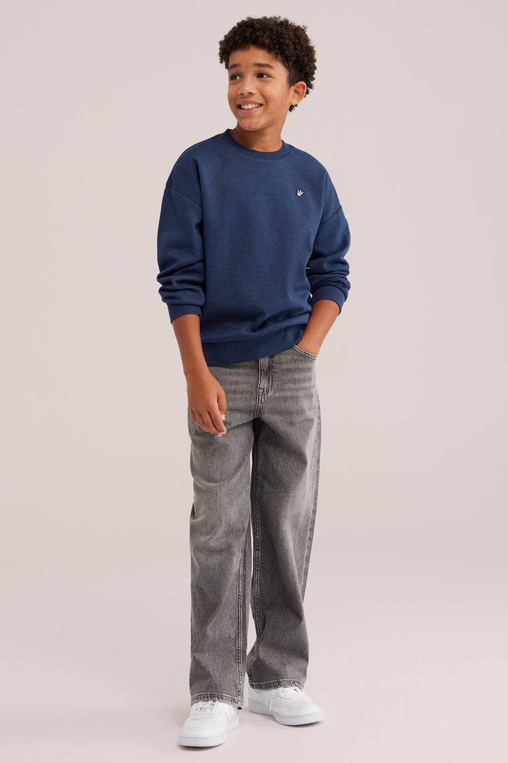 Donkerblauwe jongens WE Fashion sweater met effen, lange mouwen, ronde hals en geribde boorden