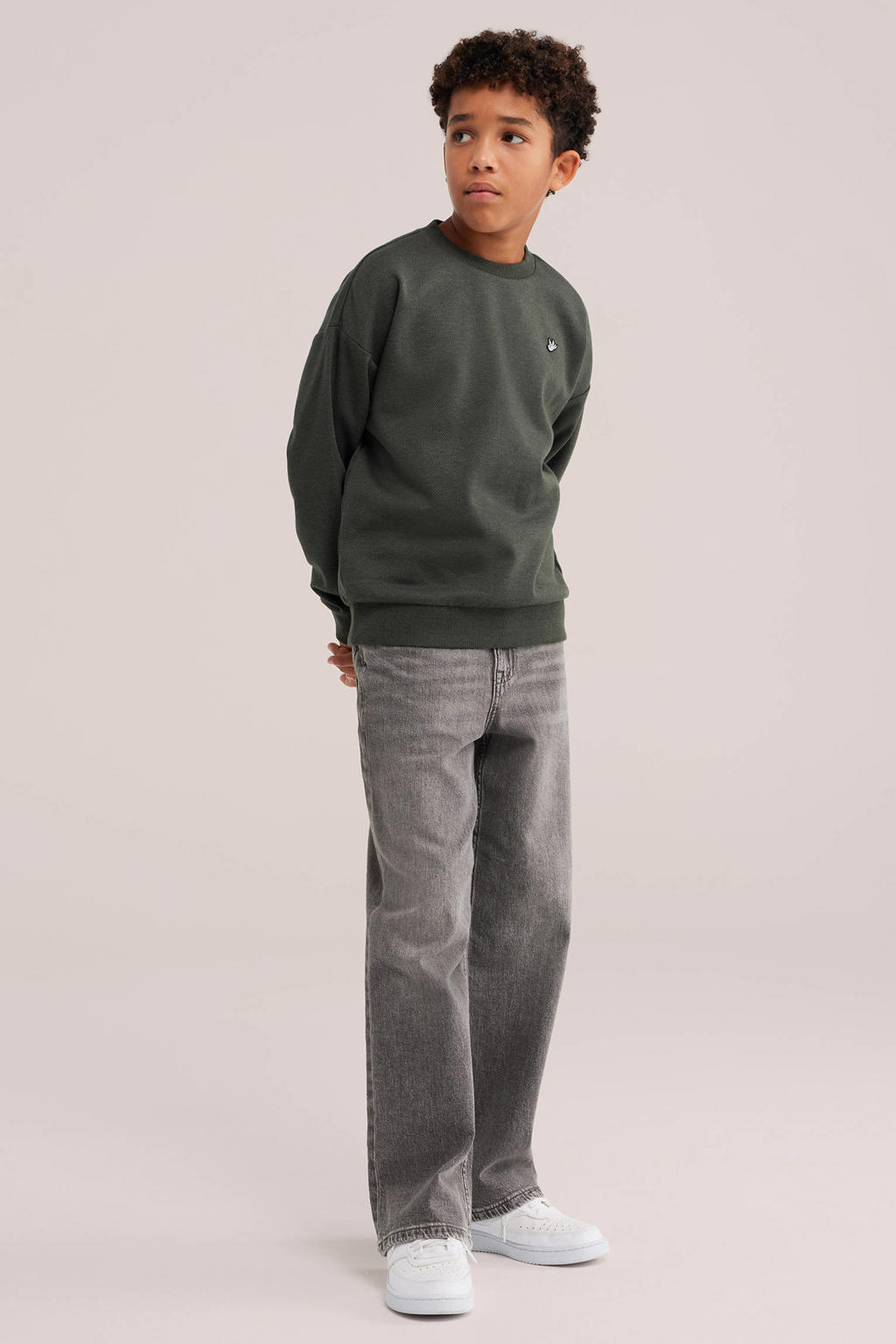 Donkergroene jongens WE Fashion sweater met effen, lange mouwen, ronde hals en geribde boorden