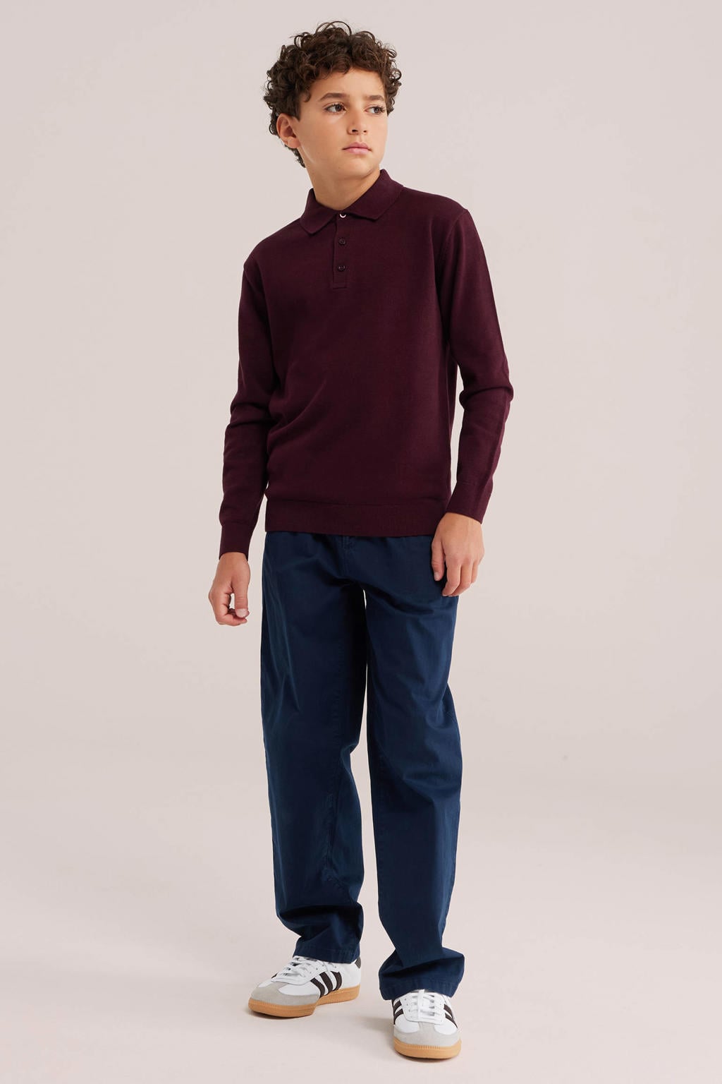 Donkerrode jongens WE Fashion katoenen gebreide trui rood met lange mouwen en polo kraag