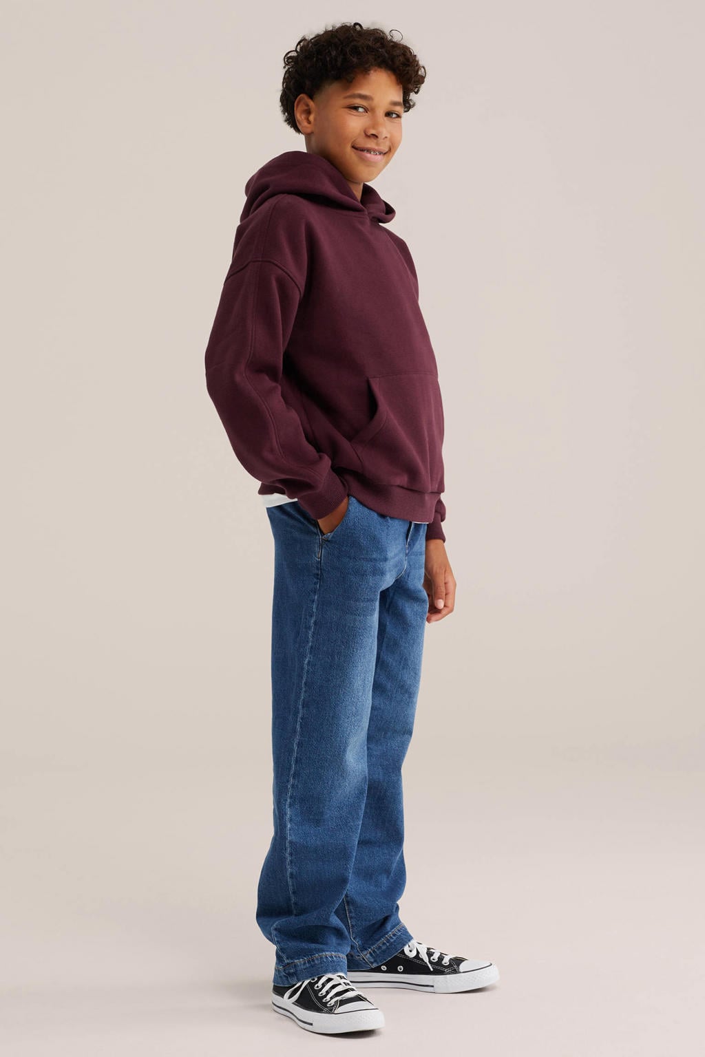 Aubergine jongens WE Fashion sweater met effen, lange mouwen en capuchon