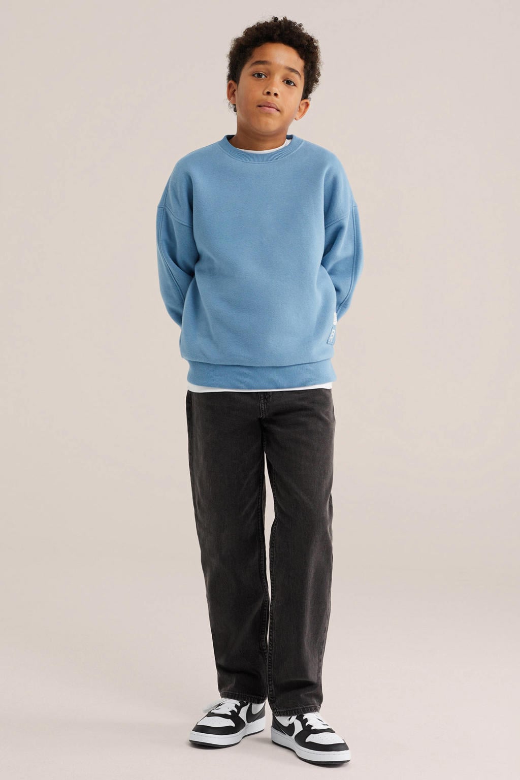 Blauwe jongens WE Fashion sweater met effen, lange mouwen, ronde hals en geribde boorden