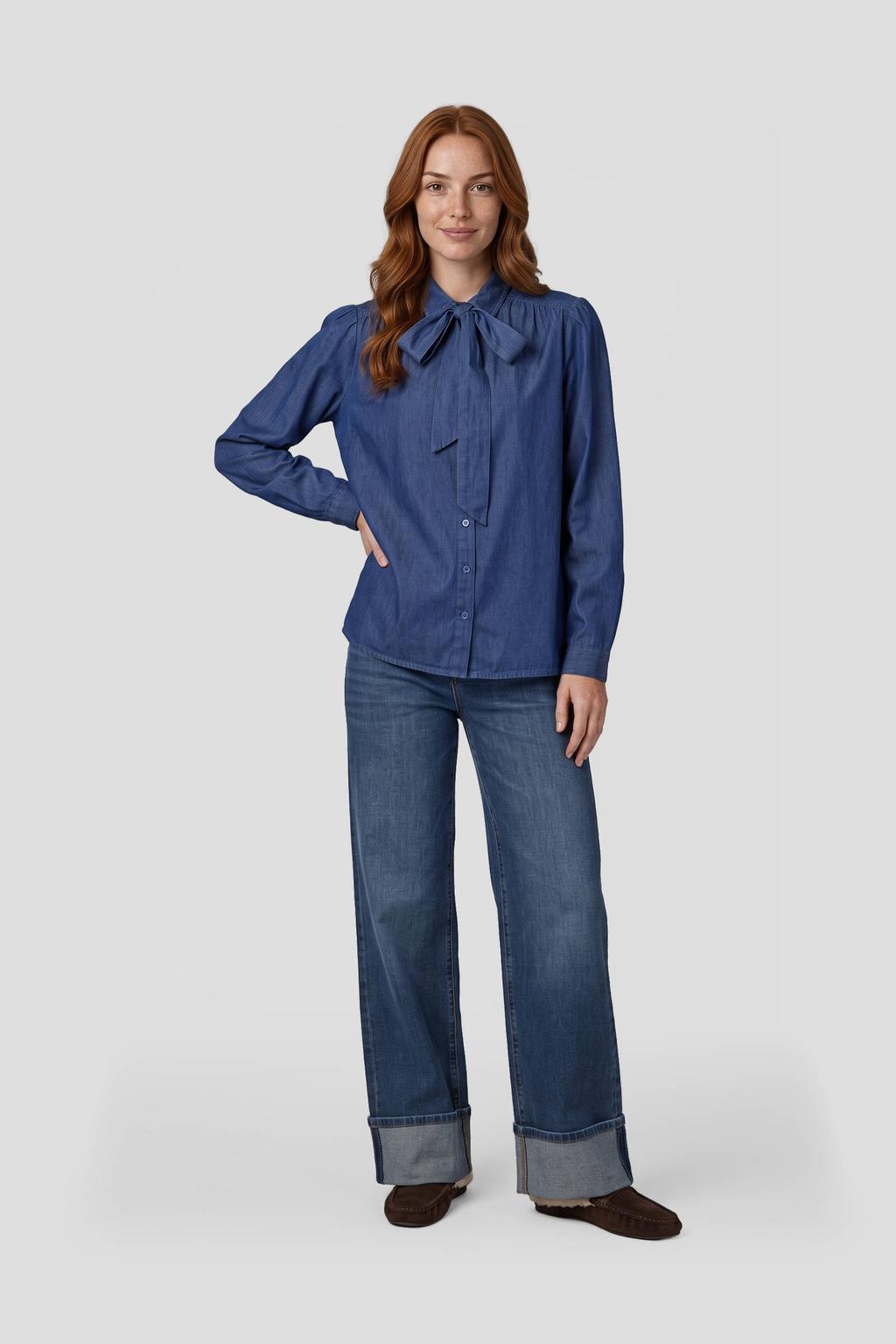 Dark blue denim dames Anytime blouse van denim met lange mouwen, klassieke kraag en knoopsluiting