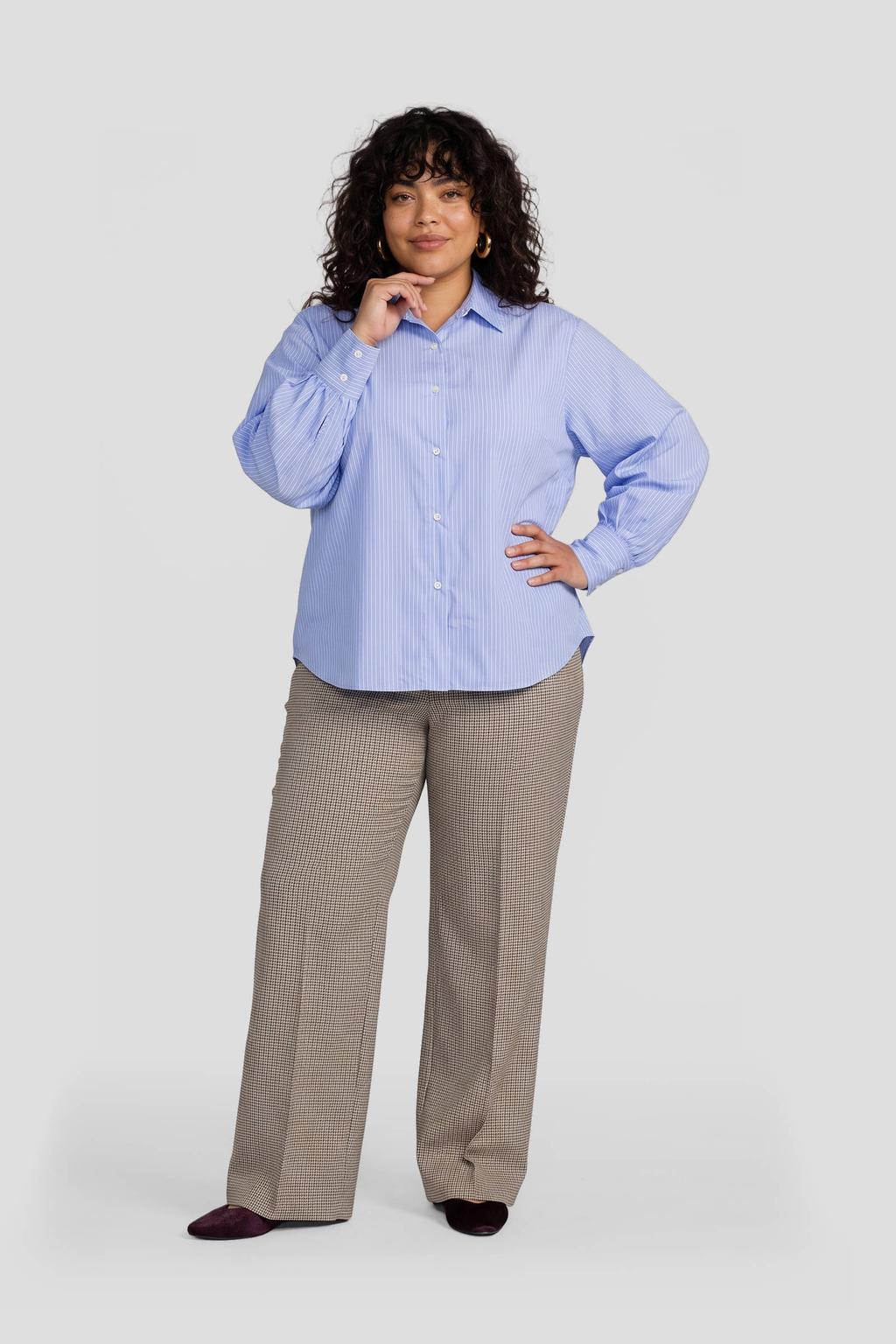 Blauwe dames GREAT LOOKS gestreepte blouse van katoen-polyester met lange mouwen, klassieke kraag, knoopsluiting en omslagdetail