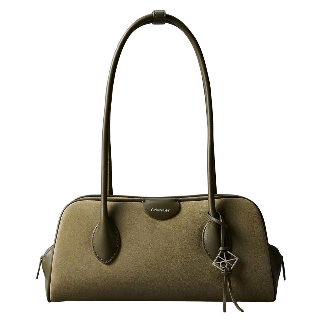 Calvin Klein suède schoudertas Emblem Trio olijfgroen