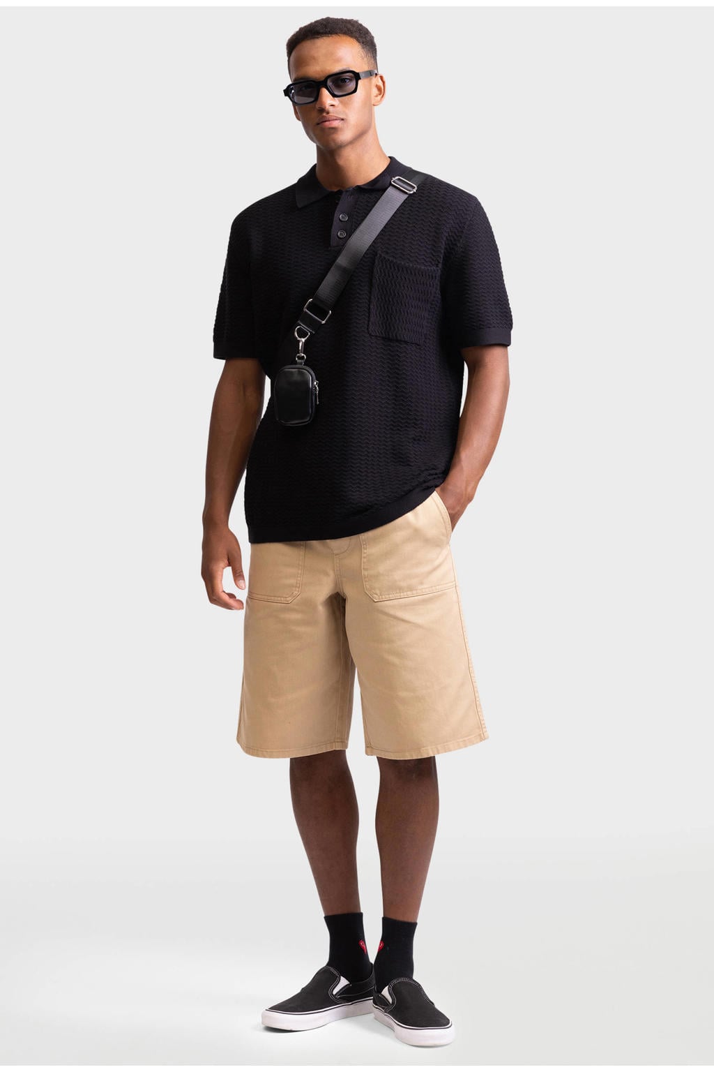 Zwarte heren Redefined Rebel oversized gebreide polo van katoen met effen, korte mouwen en knoopsluiting