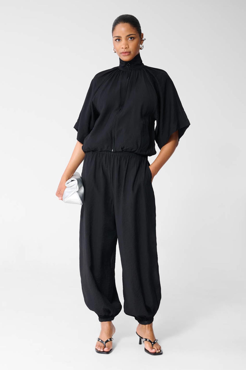 Zwarte dames Shoeby barrel high waist cropped broek van viscose met elastische tailleband en effen
