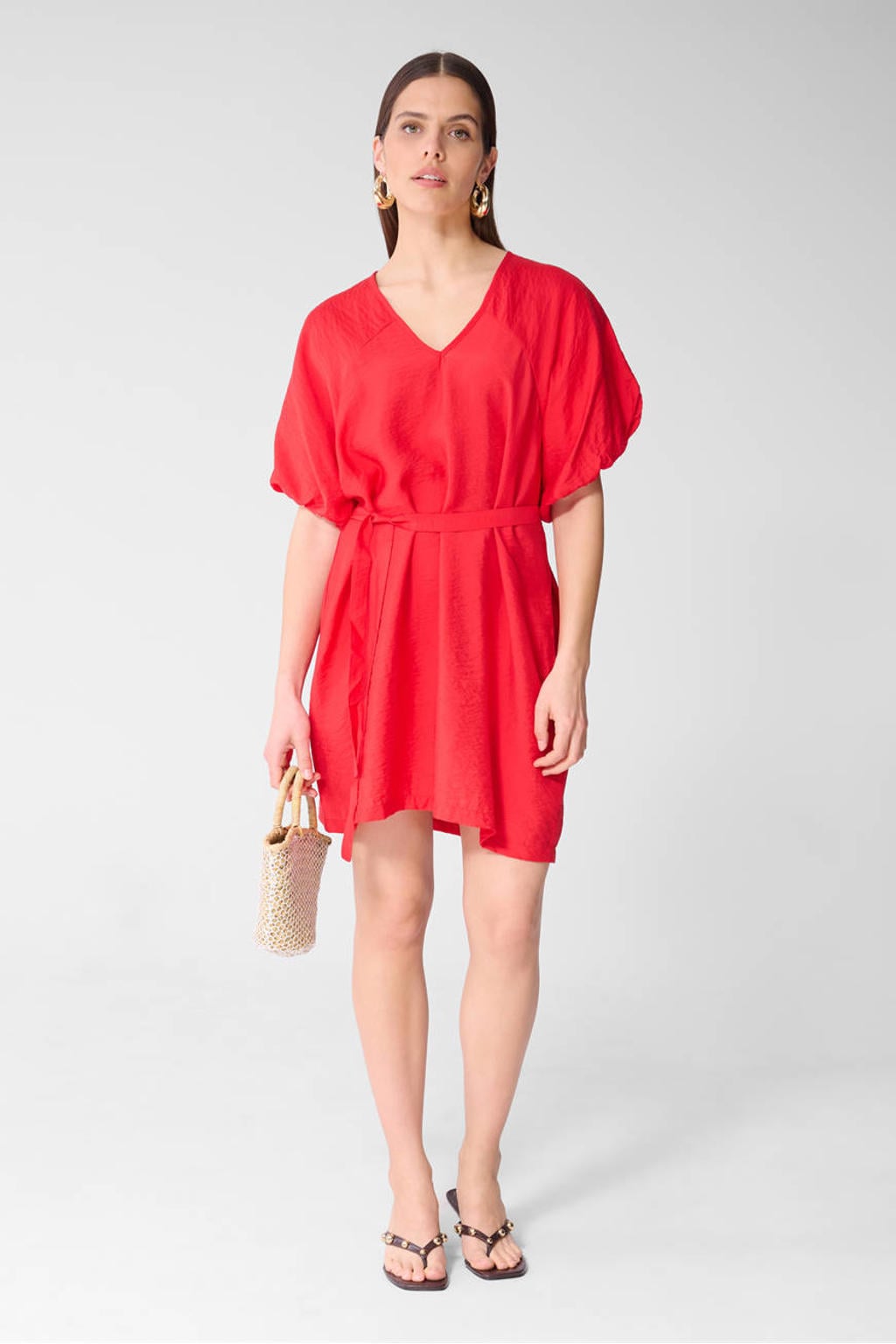 Rode dames Shoeby T-shirtjurk zomerjurk van viscose met effen, korte mouwen en V-hals