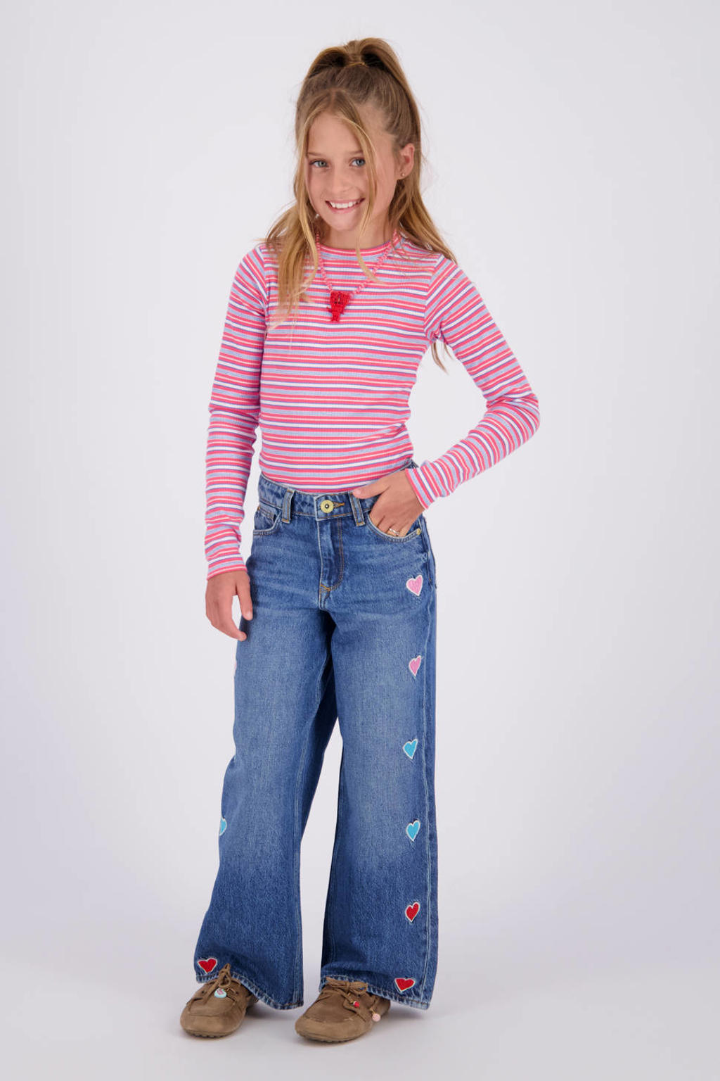 Vingino Cassie Hearts wide leg broderie jeans met hartjes - Old Vintage