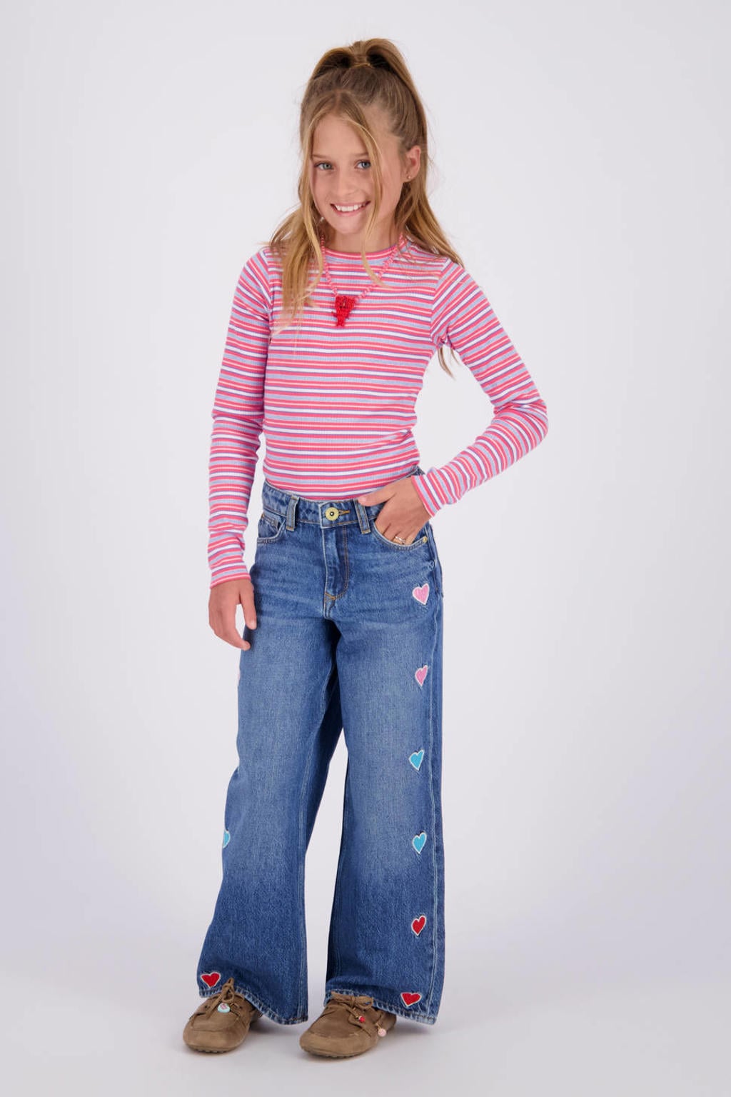 Vingino Cassie Hearts wide leg broderie jeans met hartjes - Old Vintage
