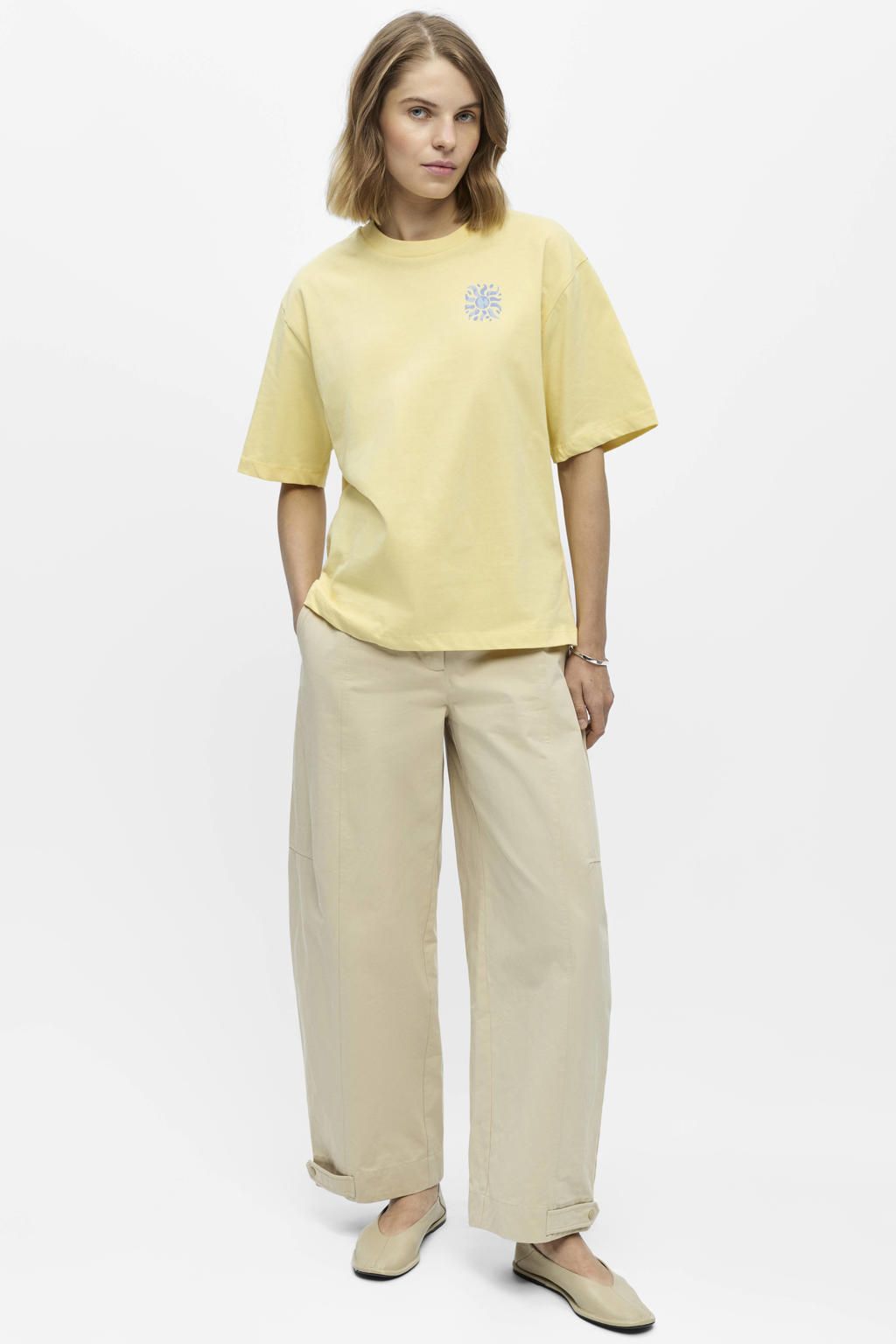 Lichtgele dames OBJECT T-shirt van katoen met backprint, korte mouwen, ronde hals en geweven detail
