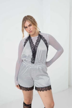 Transparant shirt met lange mouwen, polkadotpatroon en mesh inzetstukken