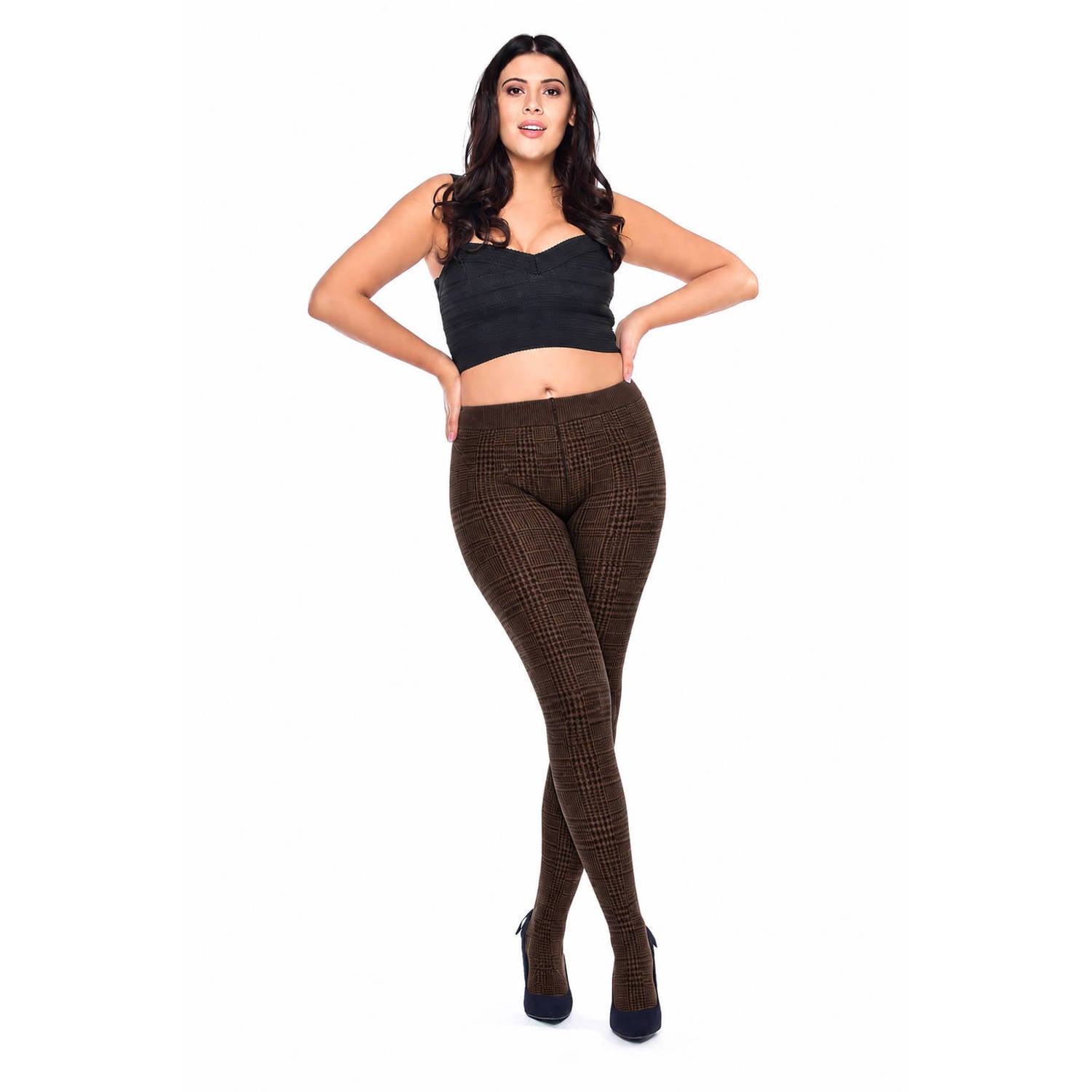 Pamela Mann geruite panty Prince of Wales 50 denier donkerbruin