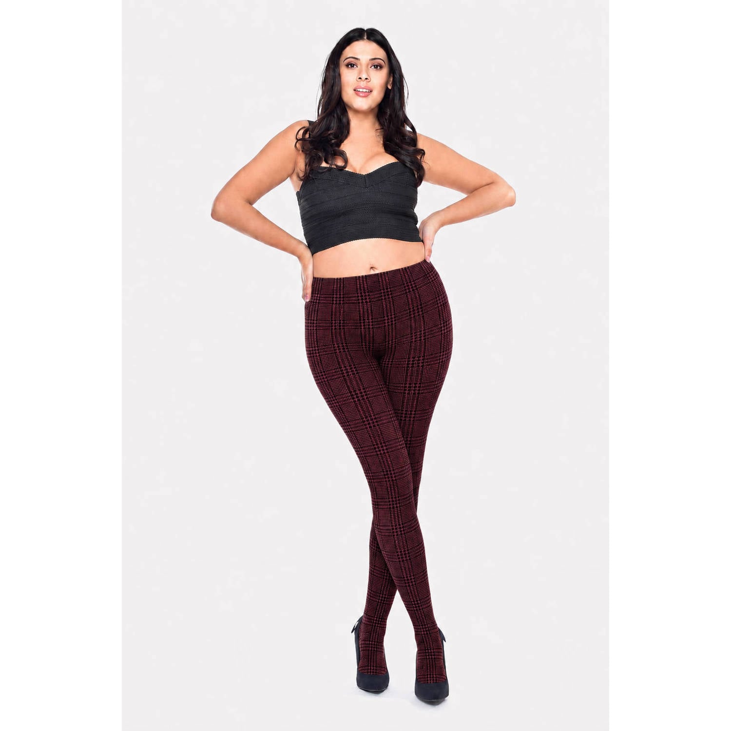Pamela Mann geruite panty Prince of Wales 50 denier bordeauxrood