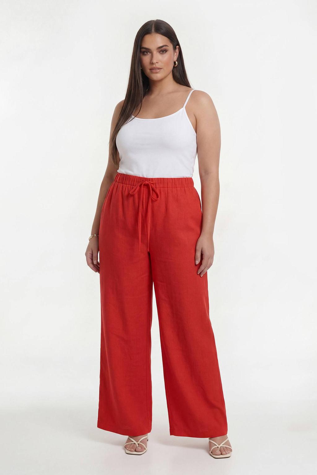 YOEK wide leg regular waist broek linnen koraalrood
