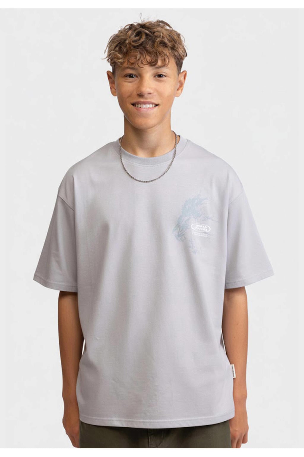 Lichtgrijze jongens Redefined Rebel T-shirt van katoen met backprint, korte mouwen en ronde hals