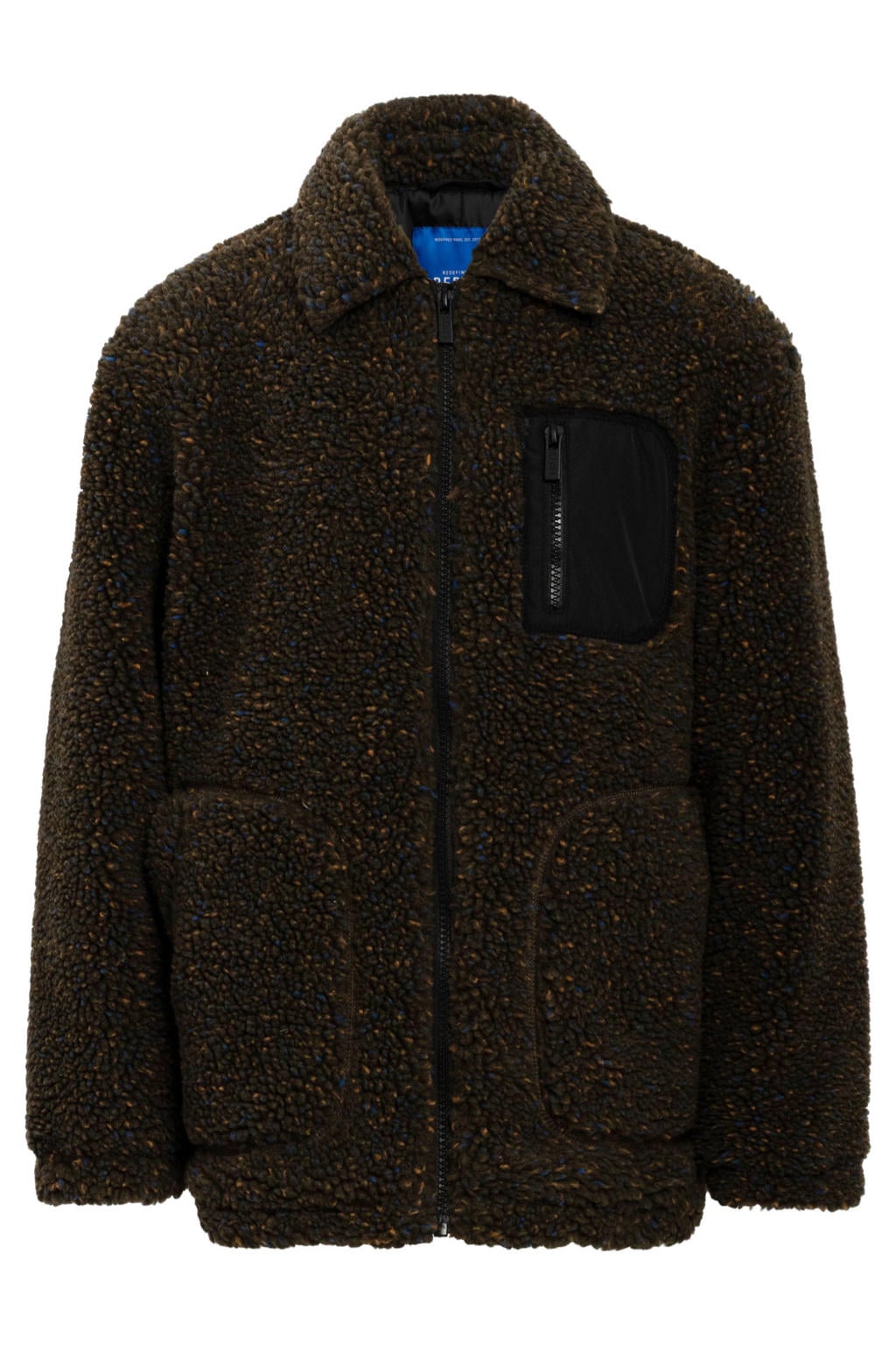 Donkergroene jongens Redefined Rebel winter teddyjas met melée print, lange mouwen, klassieke kraag en ritssluiting