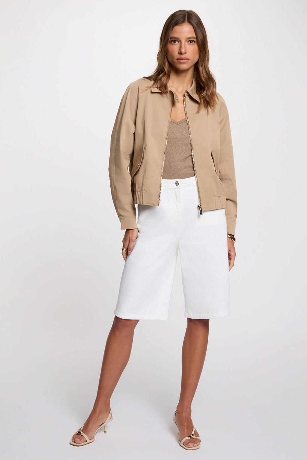 Beige dames Morgan zomerjas van katoen met effen, lange mouwen, klassieke kraag, ritssluiting en elastische boord