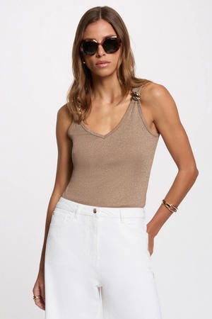 mouwloze top met glitters - beige