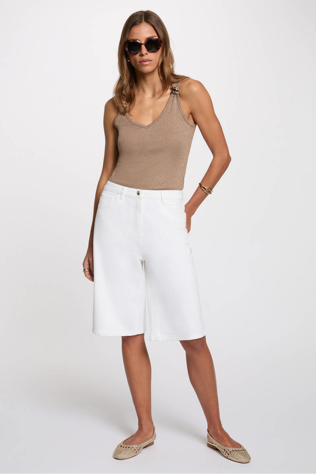 Beige dames Morgan mouwloze top van viscose met effen, V-hals en glitters