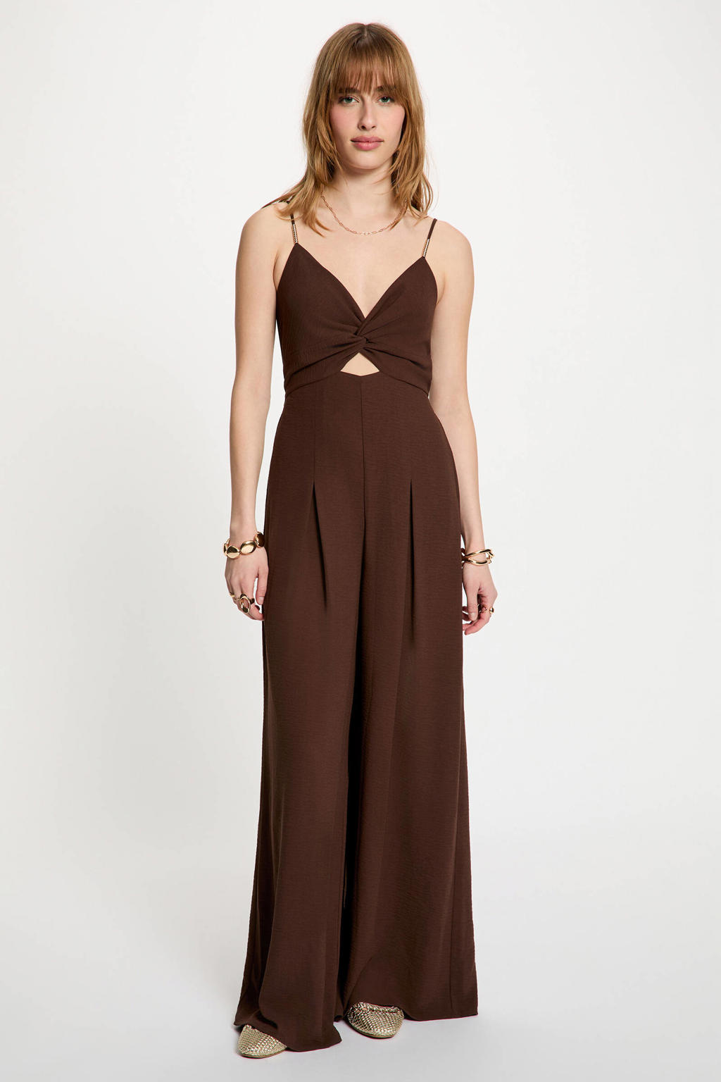 Donkerblauwe dames Morgan jumpsuit van polyester met effen, spaghettibandjes, V-hals, ritssluiting en knoopdetail
