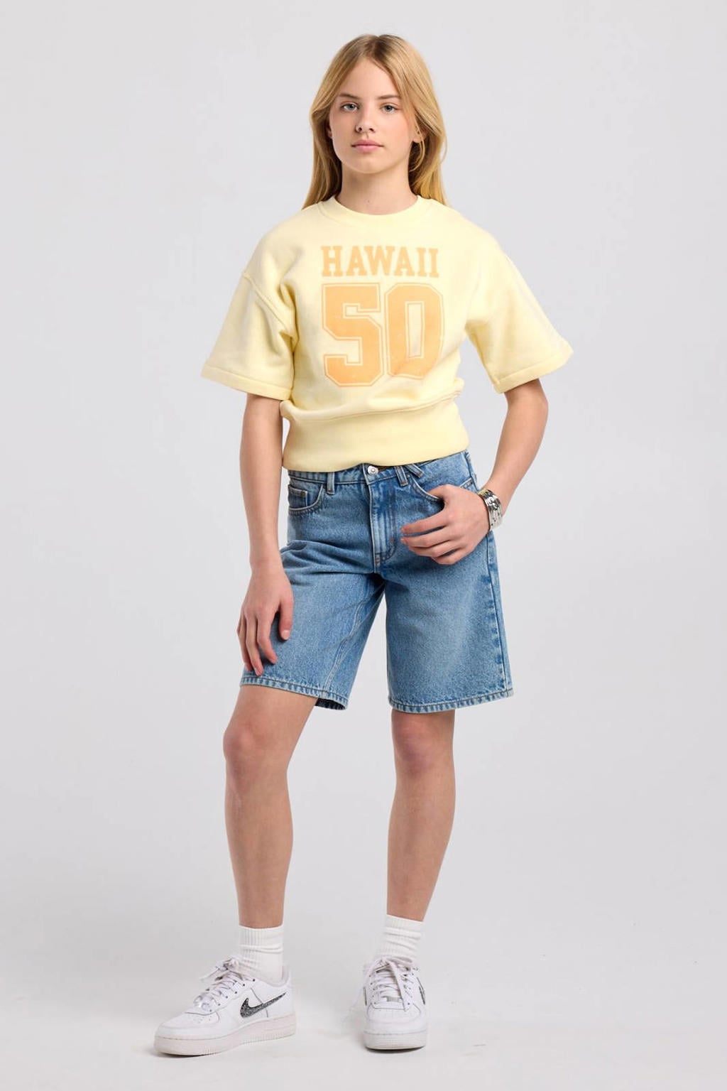 America Today T-shirt met print en tekst - lichtgeel